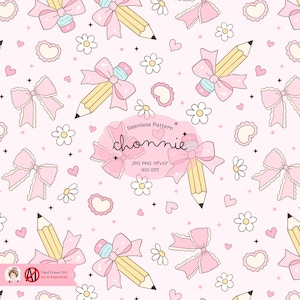 Pencil Daisy Seamless Pattern, Pencil Bow Pattern, Back to School Seamless, Coquette School Supply, Trendy Teacher Background, Teacher Gift