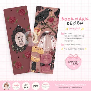 May include: Two vertical bookmarks featuring dark romantic illustrations. One shows a black ornate mirror with the text 'til death do us part' and a moth. The other displays a black crow, a white bridal veil, a goblet, and a book with a wax seal.
