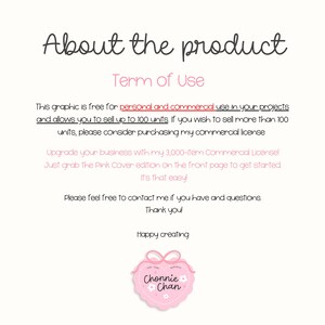 May include: A light pink graphic with the text "About the product" and "Term of Use". The text explains the graphic is free for personal and commercial use, allowing sales up to 100 units. A pink heart-shaped logo with the text "Chonnie Chan" is at the bottom.