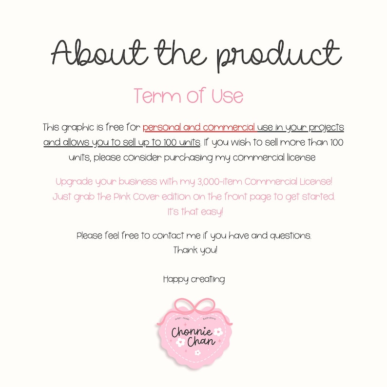 May include: A light pink graphic with the text "About the product" and "Term of Use". The text explains the graphic is free for personal and commercial use, allowing sales up to 100 units. A pink heart-shaped logo with the text "Chonnie Chan" is at the bottom.