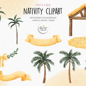Puede incluir: Conjunto de clipart de acuarela que presenta una escena de la natividad con un establo de madera, heno, palmeras y cintas amarillas. El clipart es perfecto para crear tarjetas de Navidad, invitaciones y otros proyectos festivos.