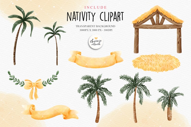 Puede incluir: Conjunto de clipart de acuarela que presenta una escena de la natividad con un establo de madera, heno, palmeras y cintas amarillas. El clipart es perfecto para crear tarjetas de Navidad, invitaciones y otros proyectos festivos.