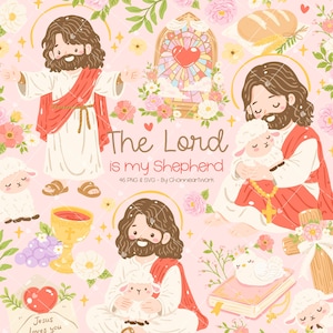 Christian Clipart Png, Lamb of God png, Jesus Illustration, Jesus and Lamb Pastel, Cute Easter, Cute Jesus, the lord is my shepherd