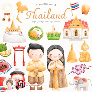 Thailand Clipart, Thai People Clipart, Travel Clipart, Thailand Landmark, Thai Food, Thai Symbols Clipart