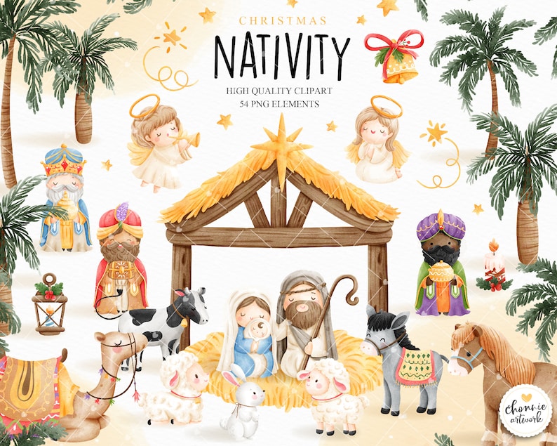 Puede incluir: Ilustraci&oacute;n de acuarela de una escena de la natividad con un pesebre, el beb&eacute; Jes&uacute;s, Mar&iacute;a, Jos&eacute;, los tres reyes magos, animales y palmeras. La ilustraci&oacute;n est&aacute; en un esquema de color amarillo claro, marr&oacute;n y azul. El texto "CHRISTMAS NATIVITY" est&aacute; en la parte superior de la imagen.
