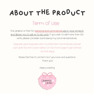 May include: A digital document titled ABOUT THE PRODUCT with black text on a white background. It outlines terms of use for a graphic, permitting personal and commercial use up to 100 units. A pink heart-shaped logo with the text Chonnie Chan is at the bottom.