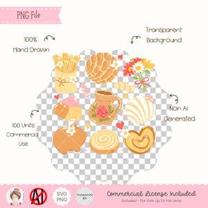 May include: A collection of hand-drawn illustrations of baked goods, including a concha, a jar with a rose, and a bouquet of flowers. The image also includes text that says "PNG File", "100% Hand Drawn", "100 Units Commercial Use", "Transparent Background", "Non AI Generated", and "Commercial License Included".
