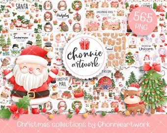 May include: A collection of 565 Christmas-themed digital illustrations, including Santa Claus, a snowman, a gingerbread house, a hedgehog, a unicorn, and a reindeer. The illustrations are in a watercolor style and feature a variety of colors, including red, green, white, and brown.