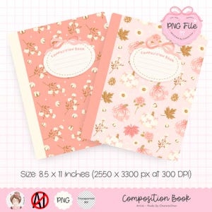 May include: Two composition books with floral patterns. One features cotton branches, the other pumpkins, maple leaves, and flowers. Each has a pink cover, a cream-colored spine, and a label that reads "Composition Book". The books measure 8.5 x 11 inches.