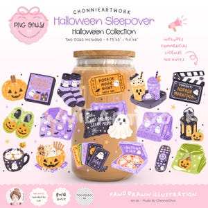 May include: A digital collection of Halloween-themed illustrations featuring ghosts, pumpkins, horror movie tickets, pajamas, socks, a pizza box, and a remote control. The text includes "Halloween Sleepover," "Horror Movie Night," and "Boo Pizza Club."