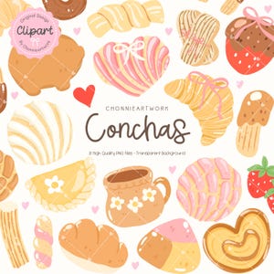 May include: A collection of illustrated conchas, pastries, and other baked goods in various shapes and colors. The image includes croissants, heart-shaped pastries, and a mug with floral designs. The word "Conchas" is displayed in the center.
