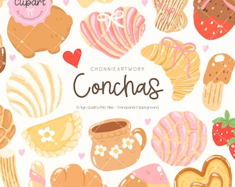 Niedliches Conchas Clipart-Set, mexikanische Pan Dulce PNG, Kawaii süßes Brot, Cafe Bäckerei digitale Aufkleber, Concha PNG Pack, mexikanisches Geschenk png