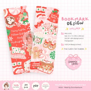 May include: Two vertical bookmark designs featuring festive holiday illustrations. The left design is red with hot cocoa, pillows, and text reading Fairy lights, Pillow fights, And Midnight reads. The right design is pink with pajamas, snacks, and pizza.