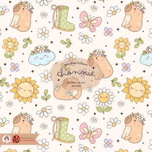 Groovy Frühling Capybara Nahtloses Muster, Vintage Capybara Tiermuster, Adrettes digitales Papier, niedliches Capybara-Wiederholungsmuster