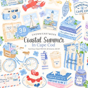 May include: A collection of 39 digital illustrations featuring coastal summer themes in Cape Cod, including a blue bicycle, a stack of books, a lighthouse stamp, a sailboat, a tote bag, a camera, a strawberry dessert, and various nautical motifs.
