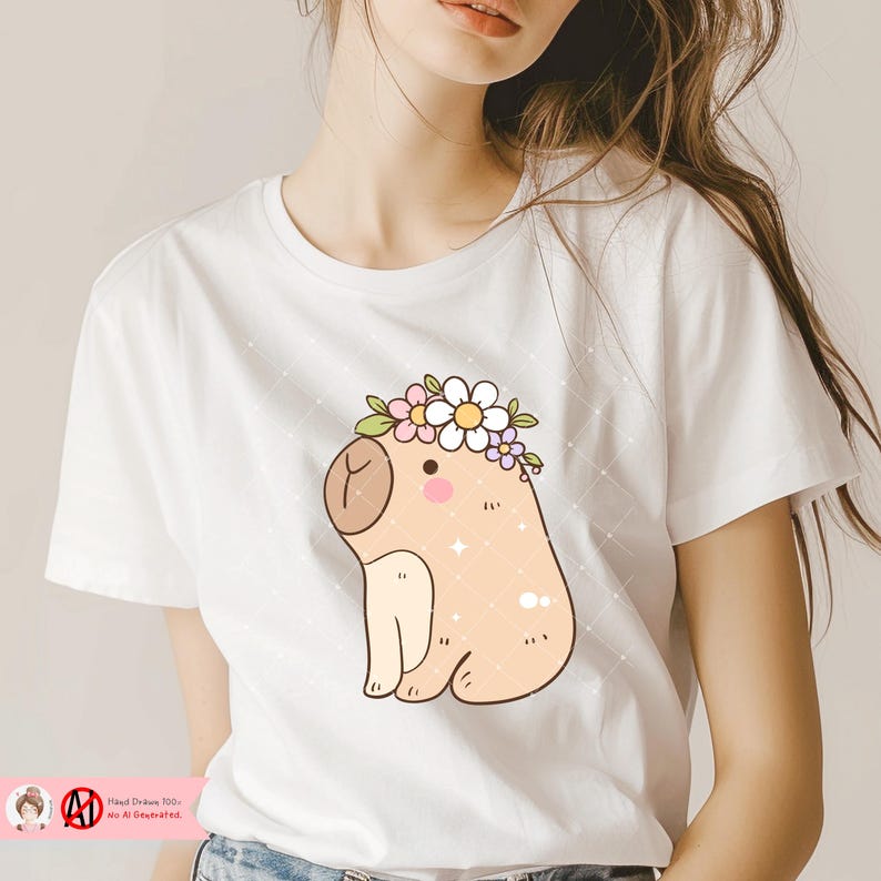 May include: White t-shirt featuring a cartoon illustration of a capybara wearing a flower crown. The capybara is light brown with a light pink nose and small details. The shirt has the text "Hand Drawn 100% No AI Generated."