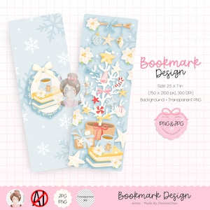 May include: Two light blue bookmarks with a winter theme. One features a girl with glasses and a cup of tea, the other a Christmas tree design with ornaments. The text "Bookmark Design" is visible. Each bookmark is approximately 2.5 x 7 inches.