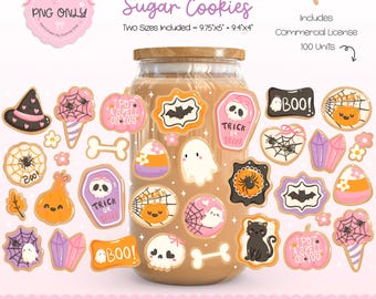 May include: A collection of Halloween-themed sugar cookies in various shapes, including bats, pumpkins, ghosts, and spiders. The cookies are in a jar, with the text "Halloween Sugar Cookies" and "Trick or Treat". Includes commercial license.