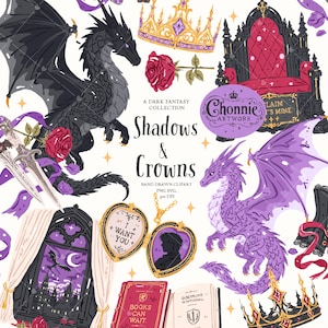 Puede incluir: Una colección de ilustraciones digitales que incluye un dragón negro, un dragón morado, dos coronas ornamentadas, una rosa roja, un trono, una daga, un relicario en forma de corazón con texto I WANT YOU, una ventana y libros con texto.