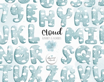 Blue sky alphabet, cloud alphabet, angel alphabet, blue font, blue sky font, fonts and numbers