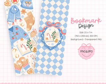May include: Two decorative bookmarks with winter-themed illustrations. One has a blue argyle pattern, the other features a cozy design with a sweater, scarf, and mittens. The text "Bookmark Design" is displayed.