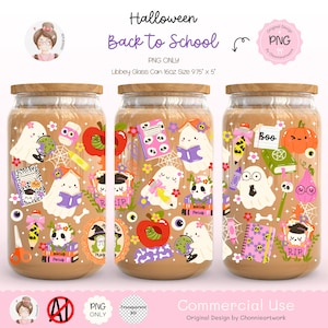 Puede incluir: Tres tarros de vidrio Libbey, de 24,77 cm x 12,7 cm, con tapas de madera, decorados con gráficos temáticos de Halloween y regreso a clases. Los diseños incluyen fantasmas, libros, calabazas y el texto "Halloween Back to School".