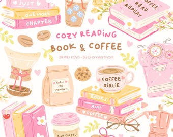 Clipart de libros y café, clipart de libros, amante del café y los libros, regalo de café y libros, libros para una lectura acogedora, estética del café, estética de los libros