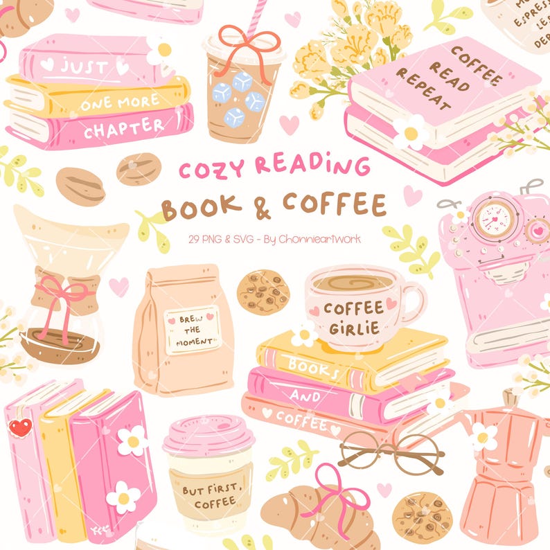 Books And Coffee Clipart, Bookish Clipart, Bookish Coffee Lover, Coffee And Book Gift, Cozy Reading Books, Coffee Aesthetic, Book Aesthetic image 1