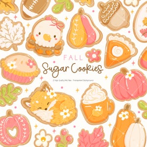 May include: An assortment of autumn-themed sugar biscuits, featuring pumpkin, leaf, and fox designs. The biscuits are decorated with pastel colours and floral accents. The text "FALL Sugar Cookies" is displayed.