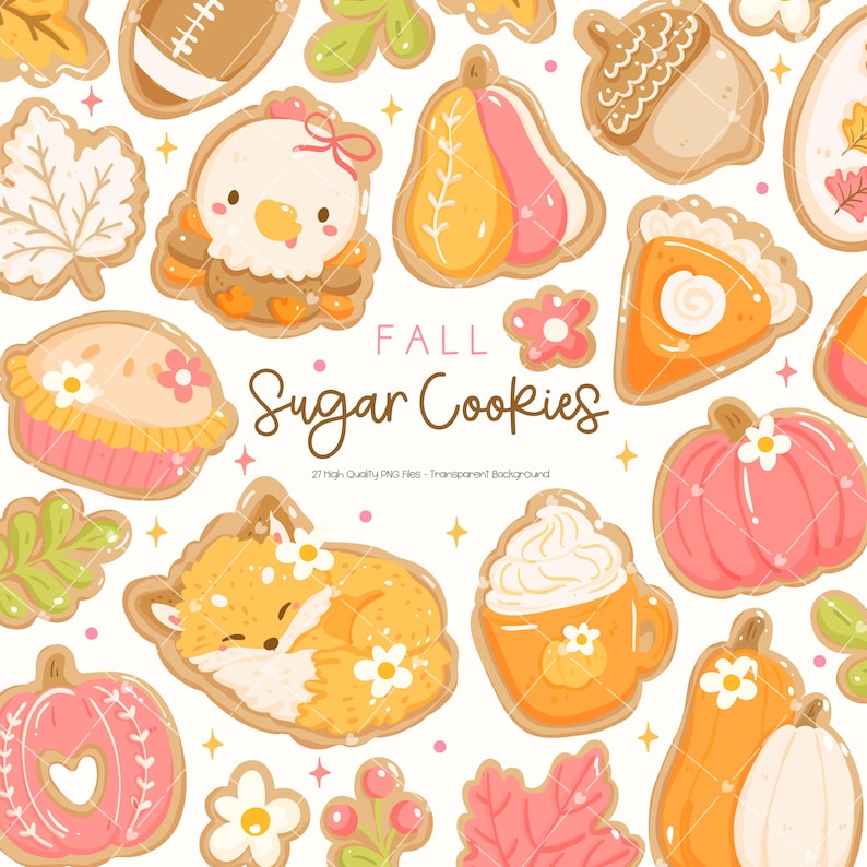 May include: An assortment of autumn-themed sugar biscuits, featuring pumpkin, leaf, and fox designs. The biscuits are decorated with pastel colours and floral accents. The text "FALL Sugar Cookies" is displayed.