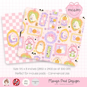 Puede incluir: Diseño de alfombrilla de ratón con fondo rosa, con fantasmas, calabazas y marcos. El diseño incluye el texto "Happy Halloween" y la letra "B". La alfombrilla mide aproximadamente 24 x 20 cm.