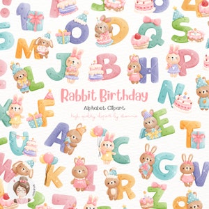 Alfabeto de coelho, alfabeto de aniversário, clipart de alfabeto, alfabeto de festa, clipart de fonte, clipart de letra