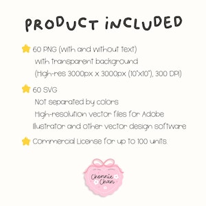 May include: A digital product graphic with the text "PRODUCT INCLUDED" and details about 60 PNG and SVG files, including a commercial license. The image features a pink heart-shaped logo with the text "Chonnie Chan".