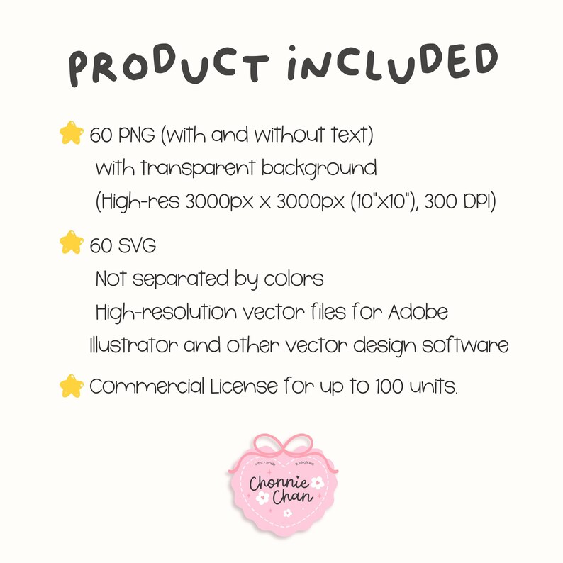 May include: A digital product graphic with the text "PRODUCT INCLUDED" and details about 60 PNG and SVG files, including a commercial license. The image features a pink heart-shaped logo with the text "Chonnie Chan".