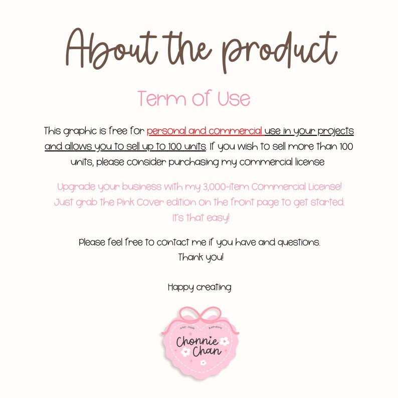 Puede incluir: Una p&aacute;gina de color crema claro con el texto "About the product" en escritura marr&oacute;n. Debajo, el texto "Term of Use" est&aacute; en rosa. El texto describe el uso del gr&aacute;fico, incluido el uso comercial y una licencia comercial. Un logotipo rosa en forma de coraz&oacute;n est&aacute; en la parte inferior.