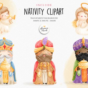 Puede incluir: Un conjunto de cinco ilustraciones de acuarela que representan un &aacute;ngel de Navidad, un rey con una t&uacute;nica azul y una corona dorada, dos reyes con turbantes y t&uacute;nicas, y una estrella dorada. Las ilustraciones est&aacute;n sobre un fondo blanco.