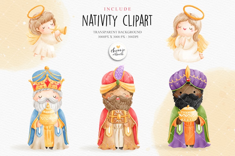 Puede incluir: Un conjunto de cinco ilustraciones de acuarela que representan un &aacute;ngel de Navidad, un rey con una t&uacute;nica azul y una corona dorada, dos reyes con turbantes y t&uacute;nicas, y una estrella dorada. Las ilustraciones est&aacute;n sobre un fondo blanco.