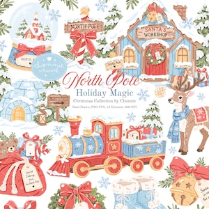 Puede incluir: Una colección de ilustraciones digitales con elementos navideños del Polo Norte, incluyendo una bola de nieve, el taller de Santa, un reno, un tren, un saco de regalos y campanas. El texto dice North Pole Holiday Magic Christmas Collection by Chonnie.