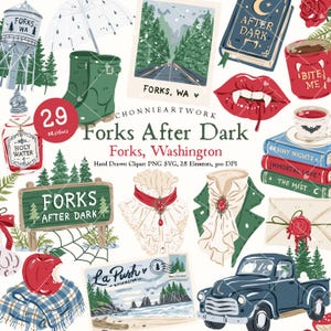 May include: A collection of digital illustrations featuring a water tower, green rain boots, a polaroid of a forest road, a book titled After Dark, a red mug, vampire lips, a bottle of holy water, a sign reading Forks After Dark, a ruffled collar, a stack of books, a sealed envelope, a bitten apple, a plaid blanket, and a blue truck.