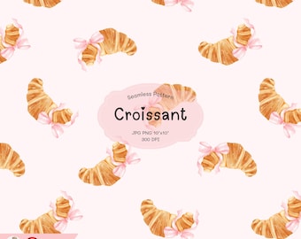 Pink Coquette Croissant Seamless Pattern, Cute Preppy Pink Bow,Coquette Croissant Printable Repeat Digital Paper Background , PNG, JPG