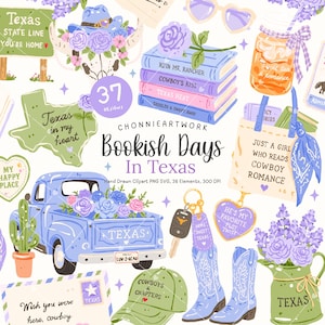 May include: A digital collection of 37 hand-drawn illustrations featuring a blue pickup truck with flowers, a stack of books titled Ruin Me Rancher, Cowboy's Kiss, Texas Heat, and Saddled & Swept Away, a tote bag, cowboy boots, and a green cap.