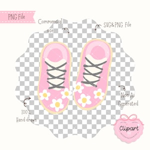 May include: Pink cartoon sneakers with white laces and daisy accents. The shoes are hand-drawn and designed for commercial use. The image is a PNG and SVG file.