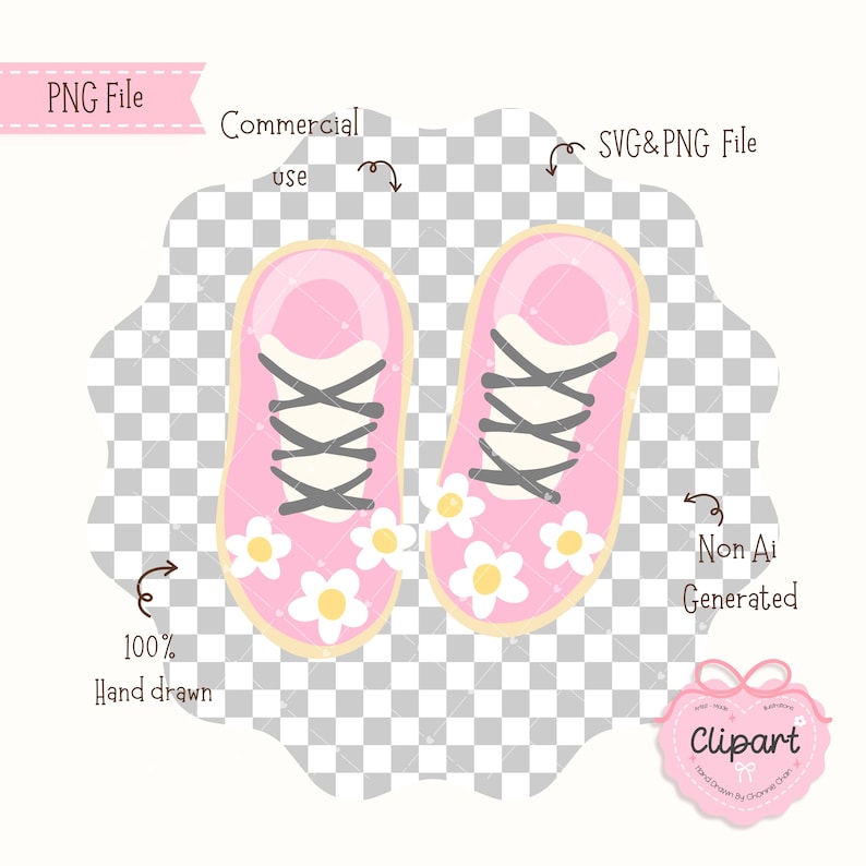 May include: Pink cartoon sneakers with white laces and daisy accents. The shoes are hand-drawn and designed for commercial use. The image is a PNG and SVG file.