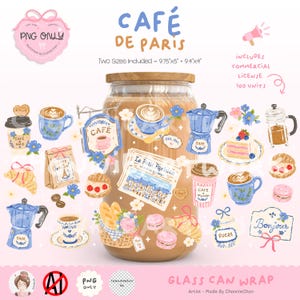 May include: A glass can wrap design with a Parisian cafe theme. The design includes illustrations of coffee cups, pastries, a newspaper, and a basket of bread. The text "CAFÉ DE PARIS" is displayed in blue, along with other text. The design includes a commercial license for 100 units.