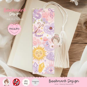May include: A decorative bookmark featuring a pastel design with celestial and whimsical elements. The bookmark includes illustrations of a sun, moon, clouds, crystals, and other magical symbols. It measures 25 inches by 7 inches and has a tassel.