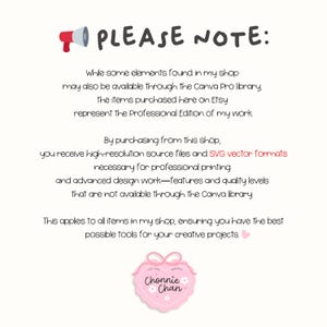 May include: A white background with the text "PLEASE NOTE:" at the top, followed by a detailed description of the shop's offerings. A pink heart-shaped logo with the text "Chonnie Chan" is at the bottom.