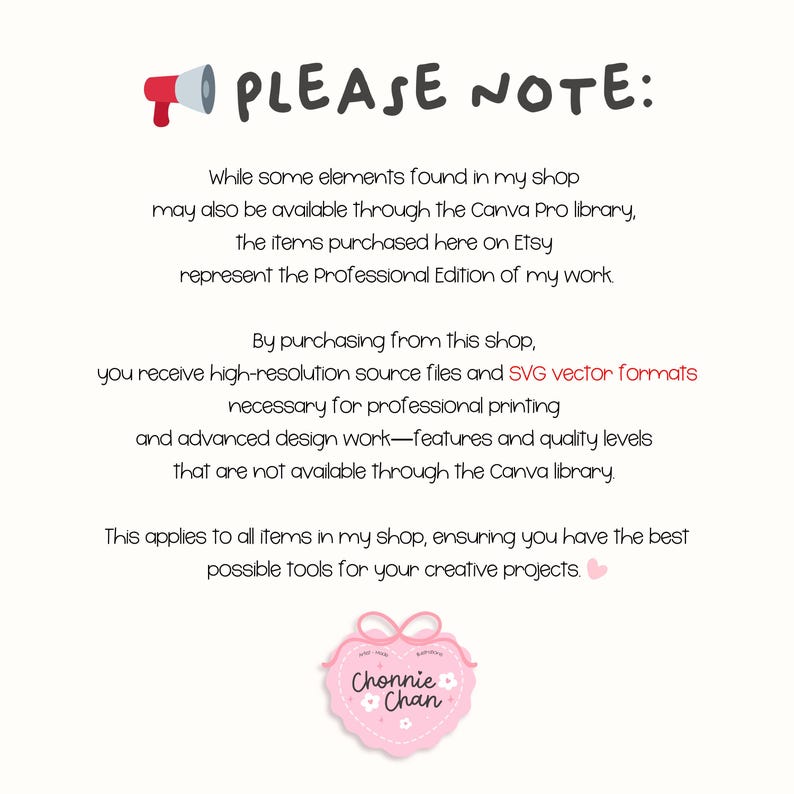 May include: A white background with the text "PLEASE NOTE:" at the top, followed by a detailed description of the shop's offerings. A pink heart-shaped logo with the text "Chonnie Chan" is at the bottom.