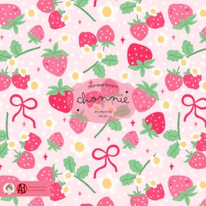 May include: A seamless pattern featuring hand-drawn strawberries, white daisies, and pink bows on a light pink background. The design includes the text "chonnie" and image details. The strawberries are red and pink with green leaves.