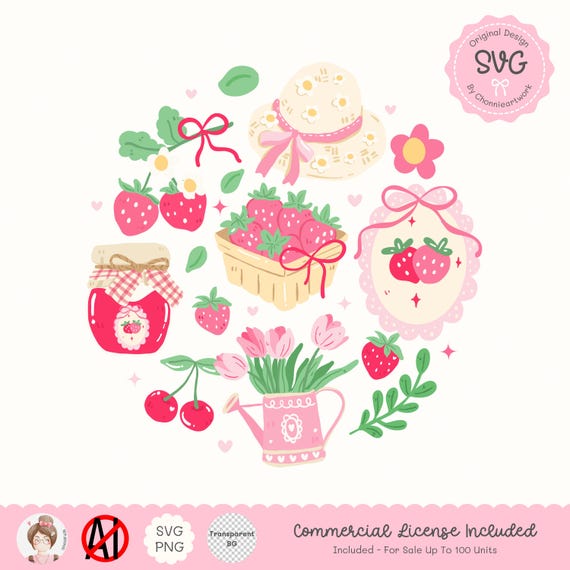 Strawberry Cottagecore SVG PNG | Cute Strawberry Hat Jam Basket Flowers Design | Sublimation for Shirt Libbey Glass Can Wrap Sticker Print