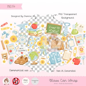 May include: A digital PNG file with a transparent background, featuring school-themed illustrations. Includes an apple, books, a chalkboard with E=mc&sup2;, a globe, sunflowers, and the text "Best Teacher". Designed by Chonnie.